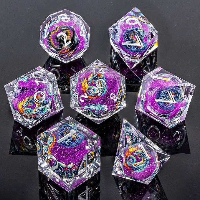 Dragon Pattern Liquid Core DND Dice Set, 7Pcs Sharp Edge D&D Dice with Gift Box, Resin Purple Dungeons Dragons D and D Role Playing Dice D20 D12 D10 D8 D6 D4