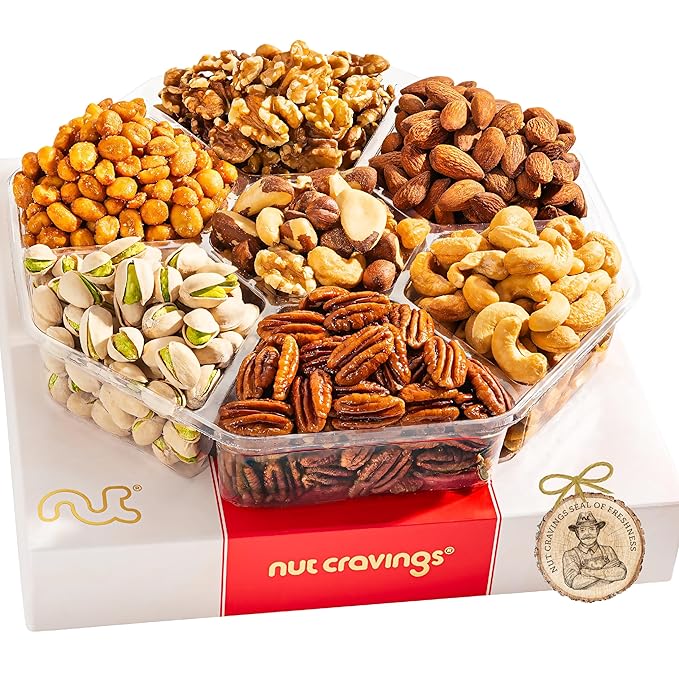 NUT CRAVINGS - Mixed Nuts Gift Basket in Red Gold Box (7 Assortments, 2 LB) Food Arrangement, Healthy Snack Care Package, Kosher