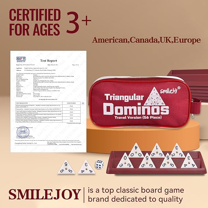 Smilejoy Triangle Domino,Triangular Domino Tiles with Brass Spinners Tabletop Game for Kids Ages 7 and Up, 56 Tiles, Classical Board Game, mathing Skill Trainning (2-4 Players)