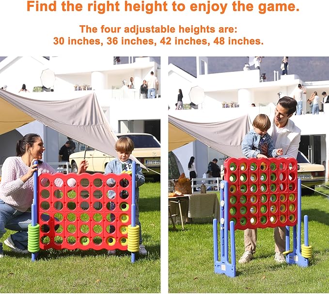 Giant 4 Connect in a Row Game, Height Adjustable Jumbo Yard Games for Kids and Adults Outdoor Play, Backyard Large Four Connect Floor Games, Patent Authorized (Blue/Red)