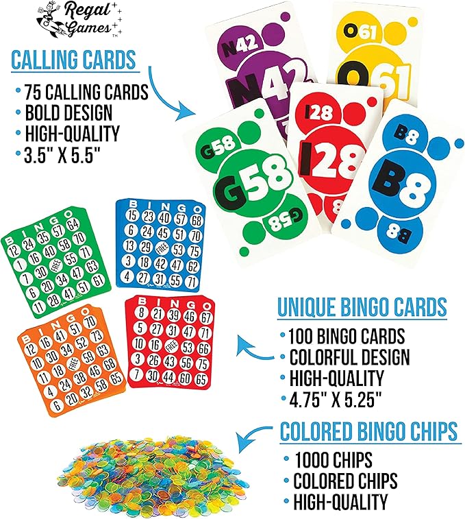 Regal Bingo Family Bingo Bundle Set with 100 Classic Bingo Cards, 75 Jumbo Calling Cards & Bingo Chips 1000 Pcs