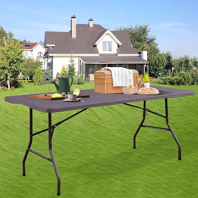 Foldable Table, Plastic 6FT Folding Table, Indoor Outdoor Portable Utility Table with Handle for Party, Camping and Picnic, Brown