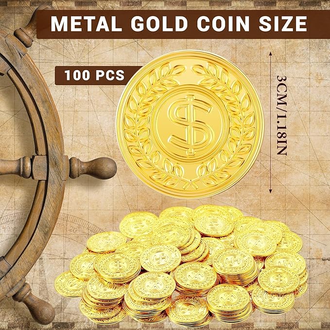 Hanaive 100 Pcs Metal Pirate Coins Bulk Gold Fake Coins Spanish Doubloon Tokens for Kids Board Games Pirate Party Cosplay(Fake Dollar)