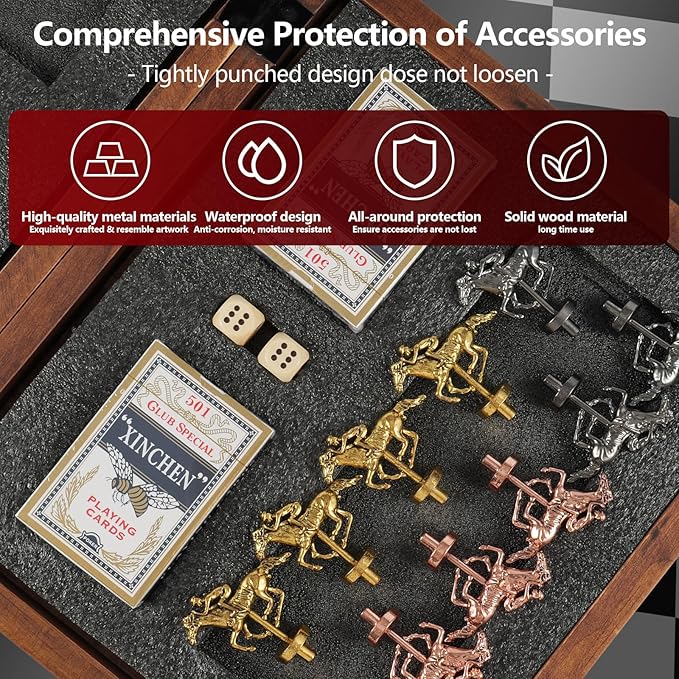 Wooden Finish Line Horse Racing Board Game Equipped with 11 Luxury Metal Craft Horses Adult Chessboard Including 2 Dice and 2 Boxes of Cards Folding Box Game Board(Flame)