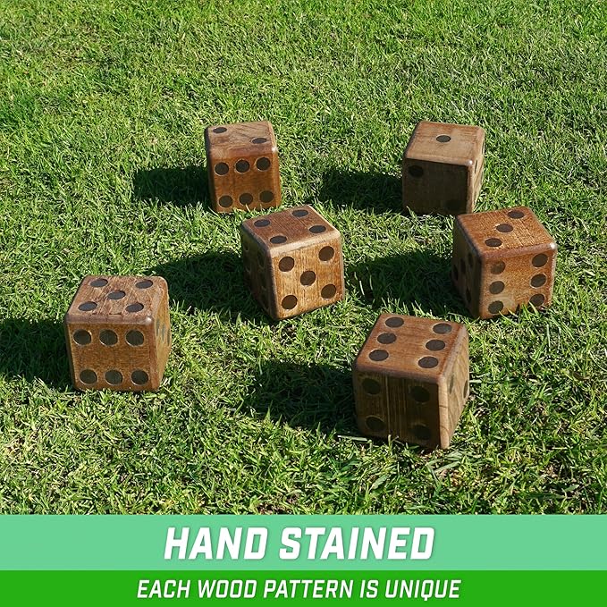 GoSports Giant Wooden Playing Dice Set with Rollzee and Farkle Scoreboard - Includes 6 Dice, Dry-Erase Scoreboard and Canvas Tote Bag - Choose 2.5 Inch or 3.5 Inch Dice)