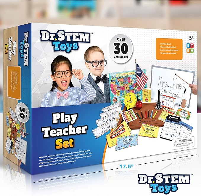 Dr. STEM Toys | Play Teacher Role-Play Set Includes Reusable White Board, Bell, Report Cards, for Home or Classroom, Over 30 Pieces Included, Gift for Kids, Complete Set