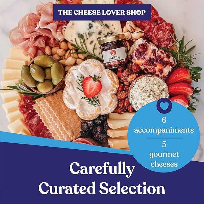 The Cheese Lover Shop Holiday Kit, Platter with 5 Gourmet Cheeses and 6 Accompaniments, Cheese Sampler Gift Set