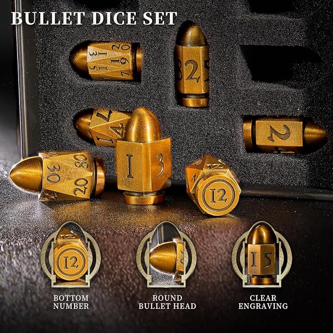 Metal Dice Set of 7, Polyhedral Role Playing Game, Cyberpunk Style, Gradient Antique Gold