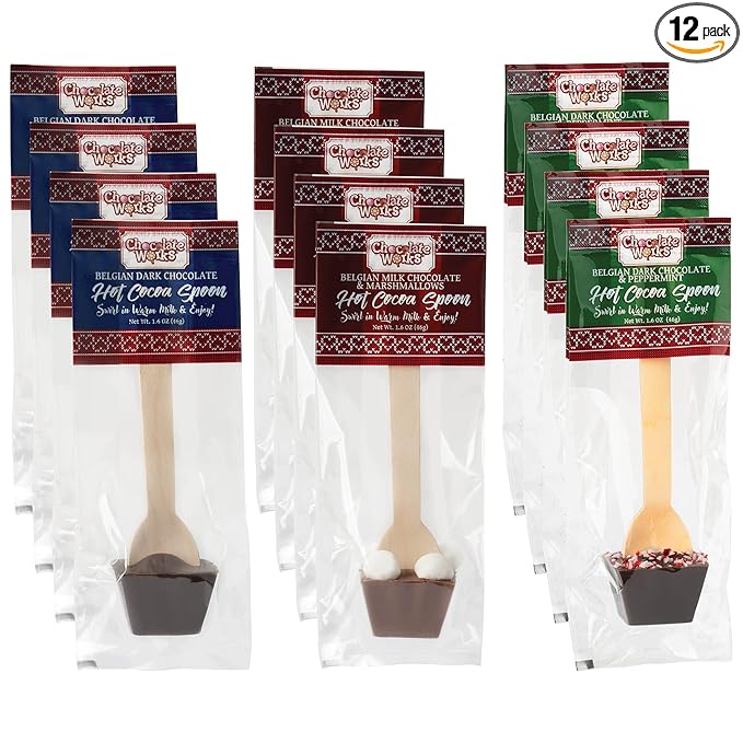 Hot Chocolate Spoons by Chocolate Works, Flavor Variety Pack - Belgian Dark Chocolate, Milk Chocolate & Marshmallows, Peppermint, Cocoa Bomb for Hot Chocolate