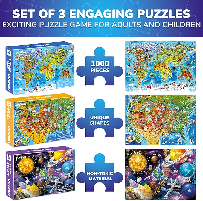 QUOKKA Puzzles for Adults 1000 Pieces - 3 Set Floor Puzzles for Kids Ages 8-10 - Learning Map of The United States World Space - Educational Games for Kids 6-8 - Toys for 12 Year Old Boys and Girls