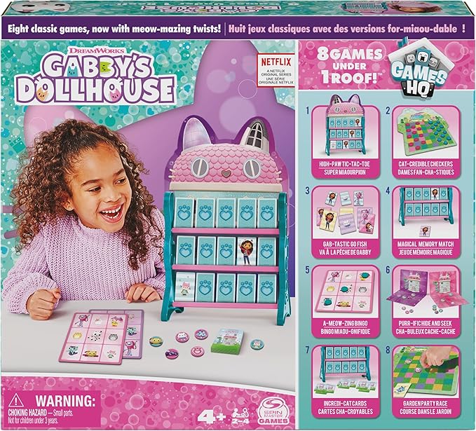 Gabby’s Dollhouse, Games HQ Checkers Tic Tac Toe Memory Match Go Fish Bingo Cards Board Games Toy Gift Netflix Party Supplies, for Kids Ages 4 and up