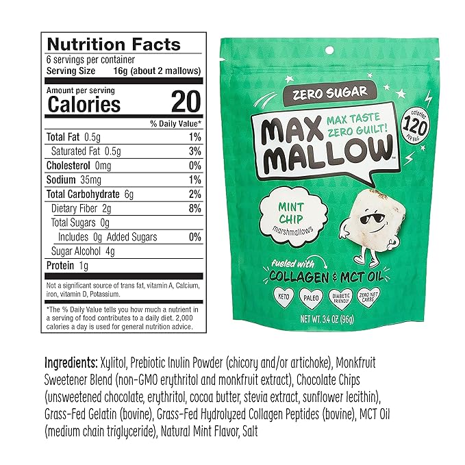 Max Mallow Sugar Free Marshmallows - Keto Friendly, Perfect for S'mores, Hot Chocolate, and Baking with Zero Sugar Snacks, Smores Mct Oil Zero Sugar Marshmellow Marshmallow Mint Chip, 6 Pack