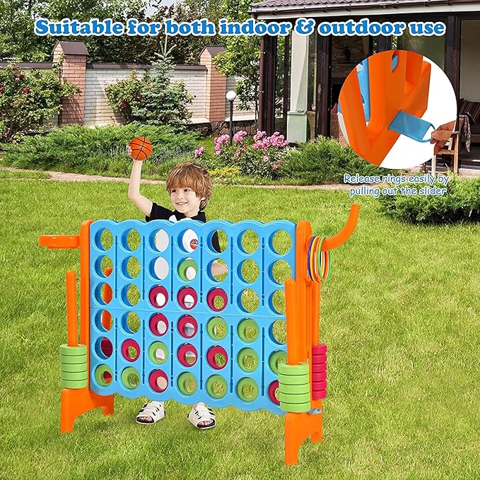 Giant 4 in a Row Connect Game, Jumbo 4 to Score Game Set w/ 42 Chess Rings, Basketball & Hoop, Toss Rings & Quick-Release Lever, Indoor & Outdoor Family Party Game for Kids & Adults