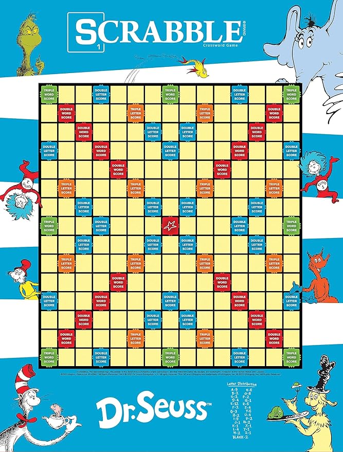 Scrabble Dr. Seuss Board Game | Official Scrabble Game with a Rhyming Twist | Custom Dr. Seuss Cards and Themed Scrabble Board | Bonus Points | Play Traditional Rules Plus New Features