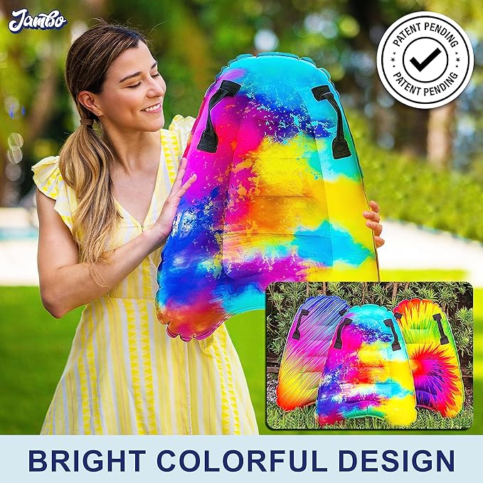 JAMBO Inflatable Surf Body Board with Handles, Boogie Board for Beach, Surfing Swimming Floating Surfboard Boards, Pool Floats Pool Beach Toy for Kids (Tie-Dye and Water Color Double Pack) - 2 Pack