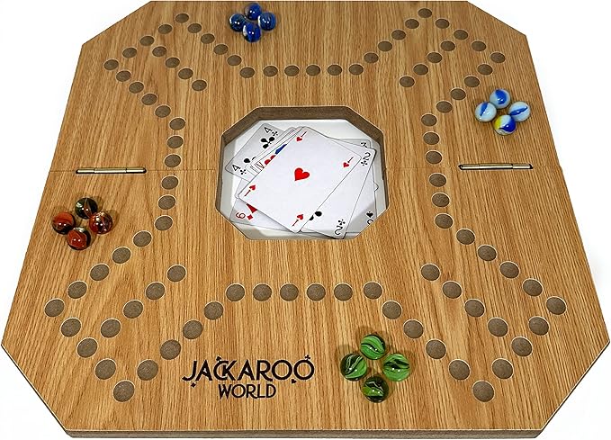 Jackaroo Board Game - 2-4 Player Marble Board Games - Marble Strategy Game - Carbles game with Cards - Marbles and Jokers Board Game Wooden Wahoo Game Board Foldable Dirty Marbles Strategy Games (Oak)