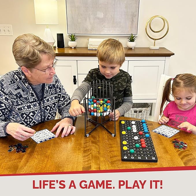 MR CHIPS 11" (Inch) Tall Professional Bingo Set with Steel Cage, Everlasting 7/8” Balls, 18 Cards and 300 Chips - Mysterious Black Color