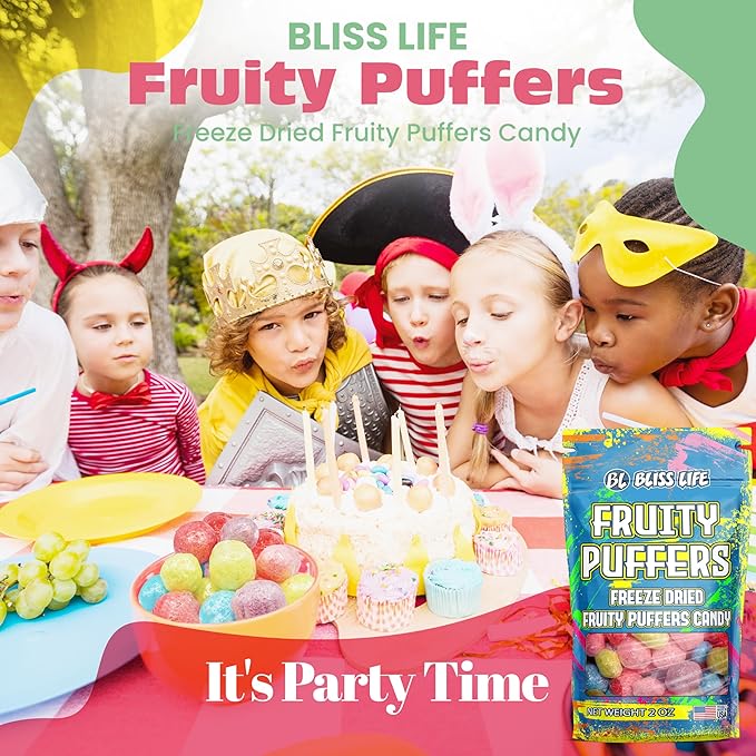 Bliss Life Fruity Puffers Freeze Dried Candy, Crunchy Sweet, For Parties, Classroom, Office, Goodie Bags, Snack for Kids (2oz)