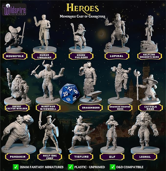 Hero, Player-Character, NPC DND Miniatures, 28mm32mm Unpainted D&D Minis Dungeons & Dragons Figures D D Bulk Pathfinder Fantasy Tabletop Fantasy Minis Set