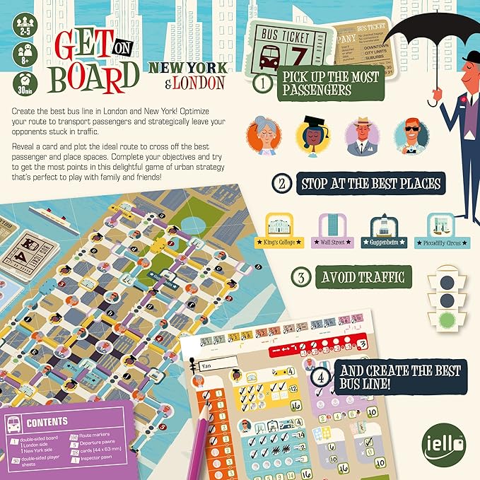 IELLO: Get On Board: New York & London, A Flip & Write Game, Clever & Original, 30 Minute Play Time, 2 to 5 Players, for Ages 8 and Up