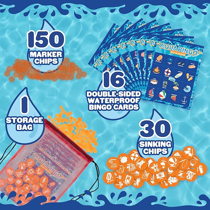 Pool Bingo Diving Game for Kids- Summer Party Fun Edition- Dive for & Call 30 Sinking Tropical Themed "Numbers", Fill Your Card- 150 Marker Chips 16 Double Sided Waterproof Play Cards, Toy Storage Bag