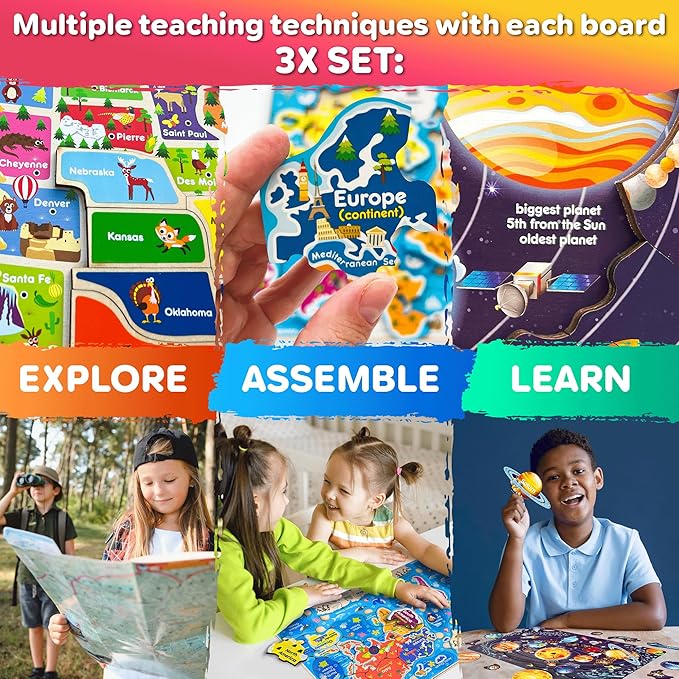 QUOKKA Puzzles for Kids Ages 4-6 - 3 Set Toddler Kids Puzzles Ages 3-5 - Learning United States Games for Childrens 6-8 - Educational Toys for 3 Year Old Boys and Girls - Award Winning