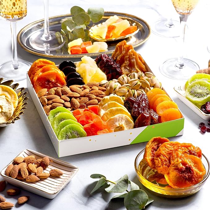 NUT CRAVINGS - Rosh Hashana & Shana Tova Dried Fruit & Mixed Nuts Gift Basket in White Gold Box (12 Assortments) Food Arrangement, Healthy Snack Care Package, Kosher