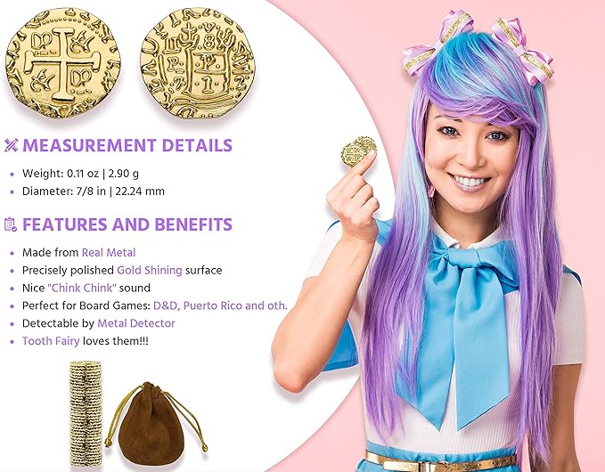 Gold Metal Pirate Coins – 100 Gold Treasure Coin Set, Metal Replica Spanish Doubloons for Board Games, Tokens, Toys, Cosplay – Realistic Money Imitation for Treasure Chest, Medium Size 7/8"