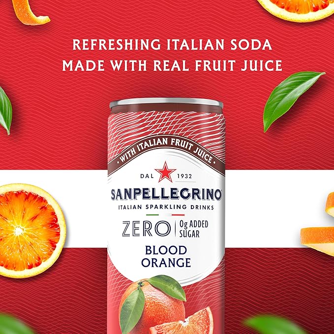 Sanpellegrino Zero Grams Added Sugar Sparkling Orange And Blood Orange Beverage, Italian Sparkling Drink, 24 Pack Of 11.15 Fl Oz Cans, San Pellegrino Italian Sparkling Drinks, Low Calorie Sparkling Fruit Beverages