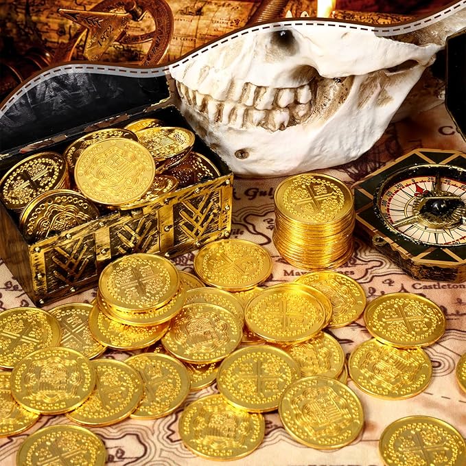 Hanaive 100 Pcs Metal Pirate Coins Bulk Gold Fake Coins Spanish Doubloon Tokens for Kids Board Games Pirate Party Cosplay(Round)