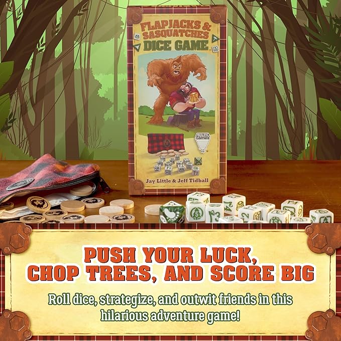 Prolific Games Flapjacks & Sasquatches Lumberjack Dice Game – Quick-Playing in a Zippered Travel Pouch – Great for Camping & Car Trips – Adults, Teens, and Kids – 2 to 6 Players – Ages 8+