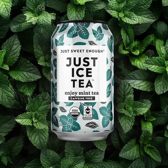 Just Ice Tea, Enjoy Mint Iced Tea, 12-Pack (12oz Cans), Caffeine Free Herbal Tea, USDA Certified Organic, Real Brewed, Low Calorie, No Artificial Sweeteners, Fair Trade, Made in USA.