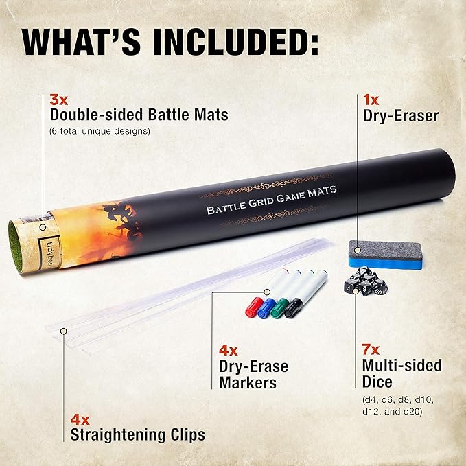 TIDYBOSS Dungeons and Dragons Starter Set | 3 X Double Sides 24x 36 Game Grid Mat | 6 Terrains Includes Dry Erase Markers, Eraser, Dice and Clips