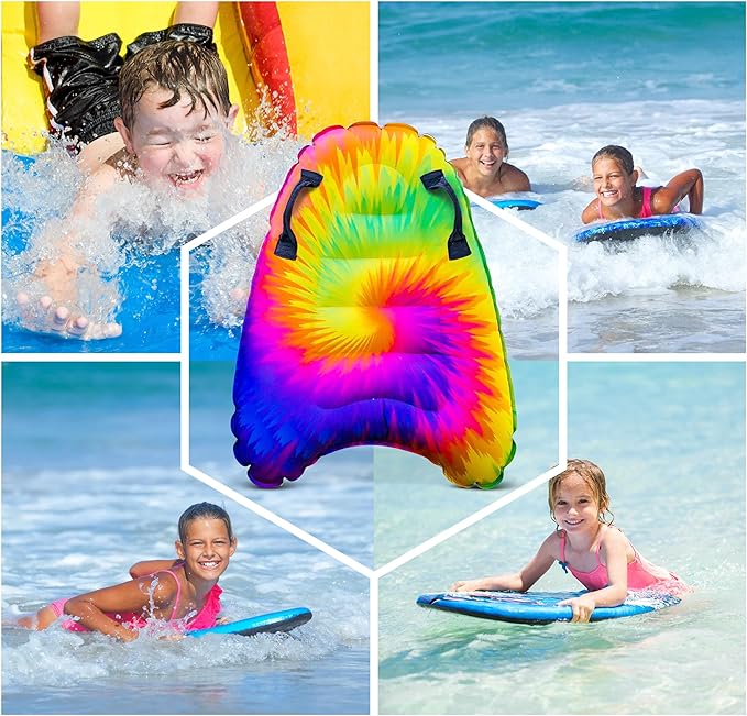 JAMBO Inflatable Surf Body Board with Handles, Boogie Board for Beach, Surfing Swimming Floating Surfboard Boards, Pool Floats Pool Beach Toy for Kids (Tie-Dye and Water Color Double Pack) - 2 Pack
