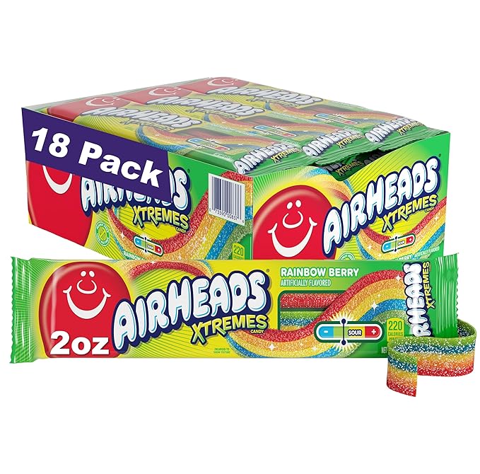 Airheads Xtremes Belts Sweetly Sour Candy, Rainbow Berry, Non-Melting, Bulk Party Bag, 2 oz (Pack of 18)
