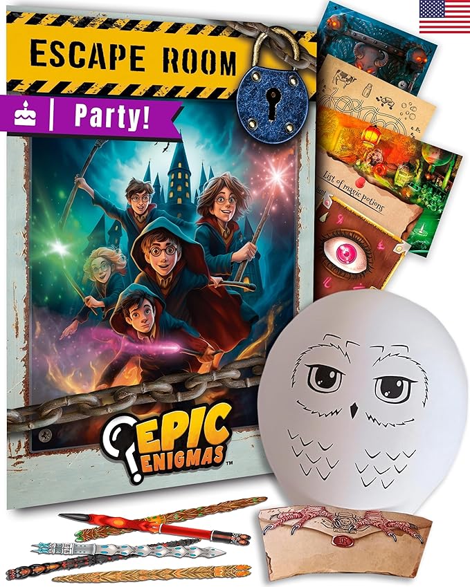 | Escape Room Party | Magic Harry | Ages 5 to 12 | 1-25 Players | Kids Birthday Escape Board Game in a Box | + Party Decorations and Balloons