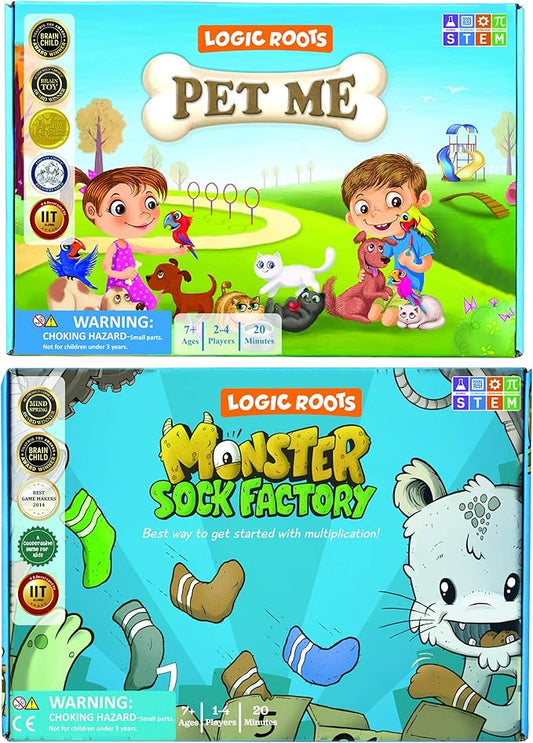 Multiplication and Division Games - Pack of 2, Pet Me and Monster Sock Factory, Math Board Games & STEM Toys for 5-9 Year Olds, Educational Gift for Kids, Homeschoolers, Grade 1 and Up