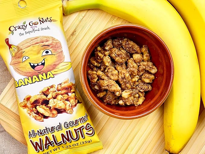 Crazy Go Nuts Walnuts - Banana, 1.25 oz (12-Pack) - Healthy Snacks, Vegan, Gluten Free, Superfood - Natural, Non-GMO, ALA, Omega 3 Fatty Acids, Good Fats, and Antioxidants