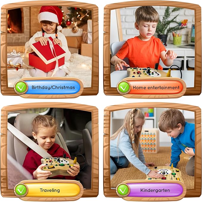 Toddler Montessori Busy Board - Wooden Educational Toy with Lights, Switches, and Buttons - Sensory Board - Preschool Motor Skills Learning Activities - Christmas & Birthday Gift