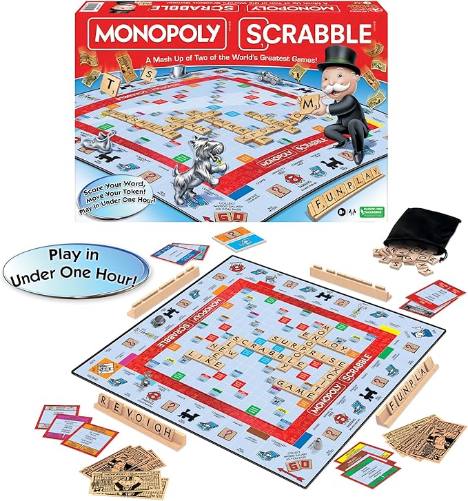 Monopoly Scrabble Game, Play in UNDER ONE HOUR, Score Your Scrabble Word - Move Your Token, By Winning Moves Games USA, Mash-Up of 2 of the World's Greatest Games, 2 to 4 Players Ages 8+ (1250)