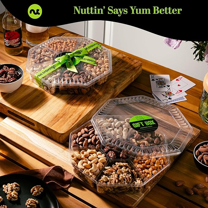 NUT CRAVINGS - Mixed Nuts Gift Basket + Green Ribbon (7 Assortments, 2.2 LB) Food Arrangement, Healthy Snack Care Package, Kosher