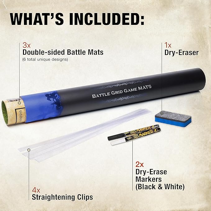 TIDYBOSS Dungeons and Dragons Expansion Pack | 3 X Double Sides 24x 36 Game Grid Mat | 6 Terrains with Lava, Sea, Forest, Cave, Swamp and Desert | Includes 2 x Dry Erase Markers, Eraser and Clips