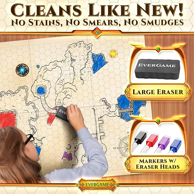 10 DND Game Mats and a lot More - Includes 6 Dungeons & Dragons Board Game Battle Maps (1" Hex Grid), Huge Size 22x26-4 3D Battle Arenas, 140+ Reusable Stickers, 4 Markers & Eraser, by EverGame