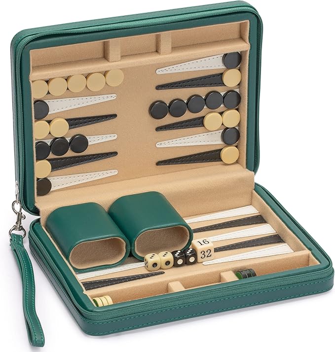 Yellow Mountain Imports Travel Size Backgammon Mini Game Set, Izmir - Magnetic Checkers and 9-inch Board in Sleek Leatherette Case - Classic Strategy Board Game