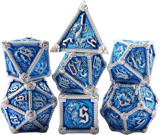 AUSTOR 7-Die Metal DND Dice Set Dungeons and Dragons Polyhedral Roll Playing Dice with Box D20 D12 D10 D% D8 D6 D4 for Pathfinder MTG RPG Board Games