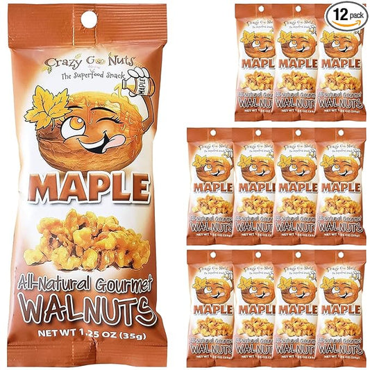 Crazy Go Nuts Maple Walnuts - Glazed Walnuts for Snacking, Candied Walnut Pieces Bulk, Individual Packs, Natural Source of Omega 3 ALA, Gluten Free, Premium Healthy Snack - 1.25 oz Bags (12 Pack)
