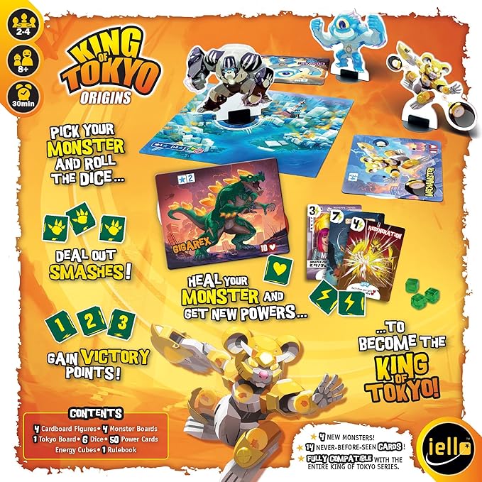 IELLO: King of Tokyo: Origins - Family-Friendly Dice & Strategy Board Game, Battling Monsters-Robots-Aliens, 4 New Monsters, Ages 8+, 2-4 Players