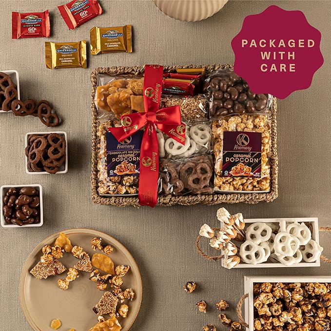 KREMERY Creamy Chocolate Cravings - Chocolate Covered Pretzels & Caramel Popcorn Gift Basket, in Seagrass Tray + Ribbon (Premium, 2.5 lbs) Food Arrangement, Kosher Dairy, USA Made