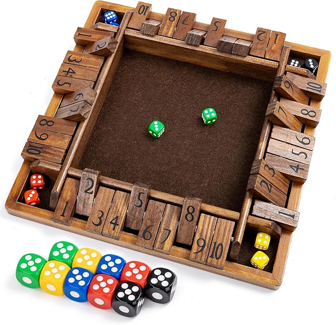 ropoda 12 Inches 4-Way Shut The Box Dice Board Game (2-4 Players) for Kids & Adults [4 Sided Large Wooden Board Game, 8 Dice + Shut-The-Box Rules] Smart Game for Learning Addition