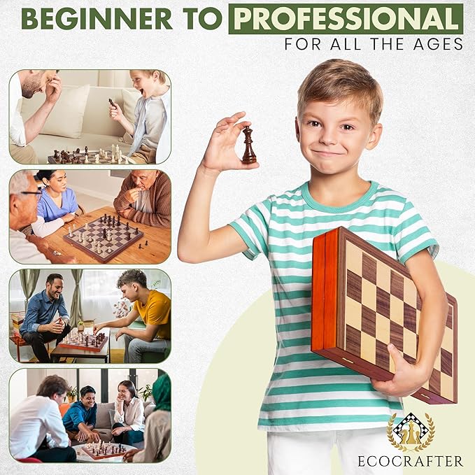 15'' 2 in 1 Wooden Magnetic chess and checkers set (2 Extra Queens, Foldable Chess set & Cotton Storage Bag) Magnetic Chess Sets for Adults with Color Gift Box, Handmade Checkers Board Game